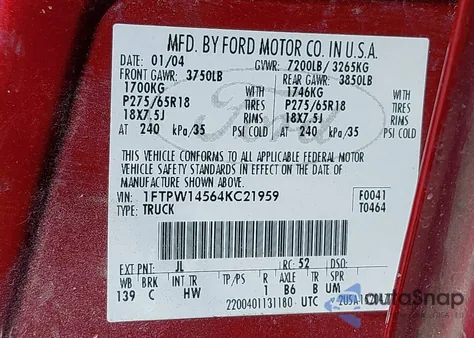 2004 Ford F-150 Fx4/Lariat/Xlt из США, поврежденный, VIN 1FTPW14564KC21959